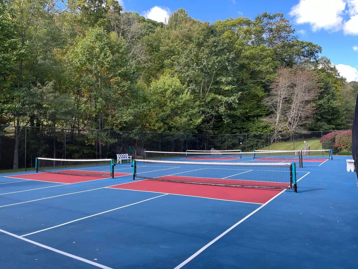 Well-maintained tennis courts bordered by trees and netting, offering space for energetic matches and outdoor play. The courts are clearly part of a larger, green community area, ideal for family recreation.